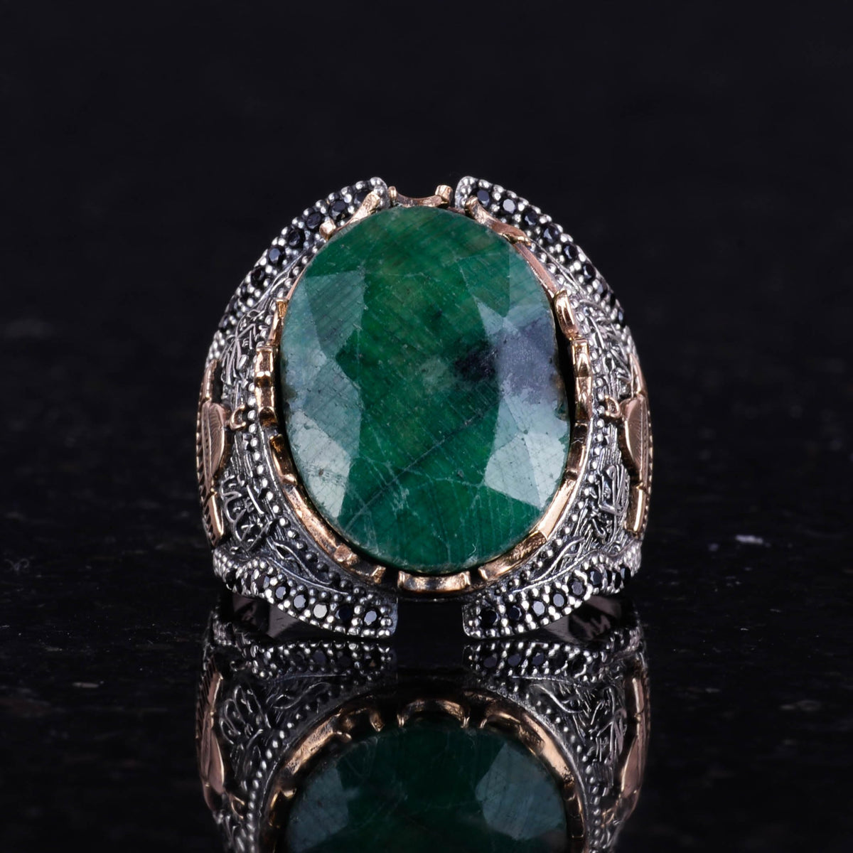 Islamic Silver Ring, Natural Emerald Stone Ring, 925 Sterling Silver Men's Ring — 5