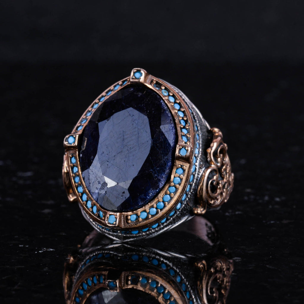 Natural Sapphire Stone 925 Sterling Silver Ring, Handmade Vintage Design, Men's Statement Ring — 6