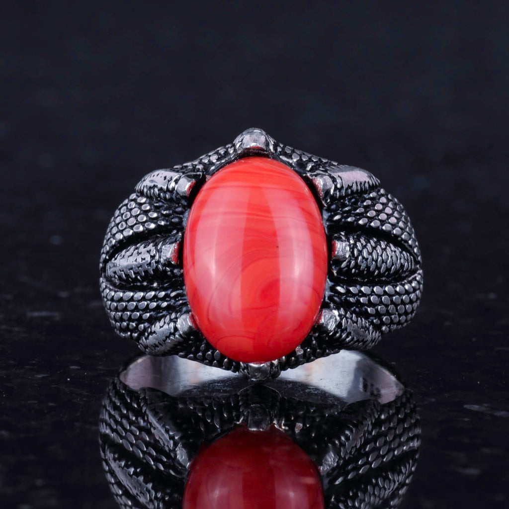 Silver Claw Ring with Natural Red Coral Stone — 4