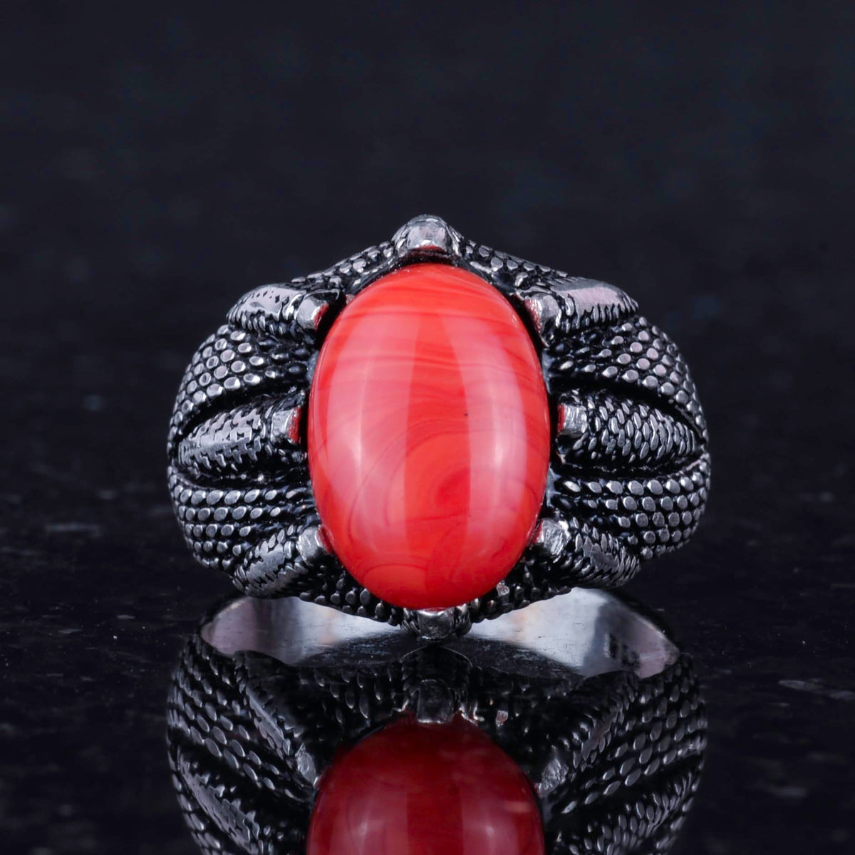 Silver Claw Ring with Natural Red Coral Stone — 4