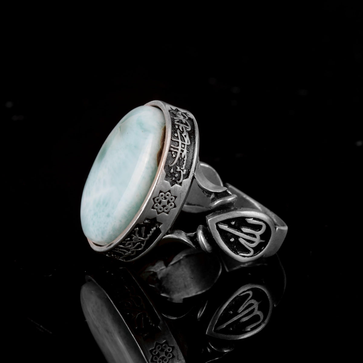 KAMBO Larimar Arabic Calligraphy and Flower Details Natural Stone - 925 Sterling Silver Men's Islamic Ring — 5