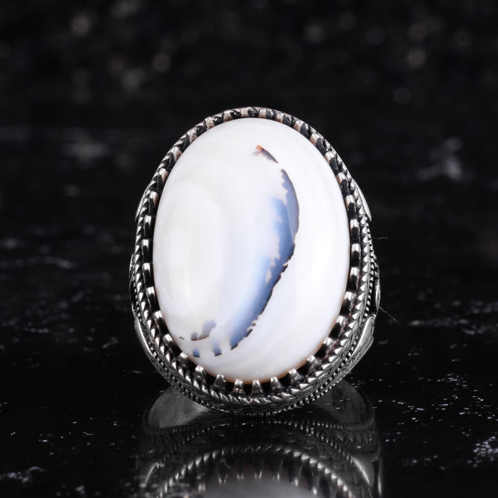 KAMBO Natural Yemen Agate Stone Men's Ring – 925 Sterling Silver Large Statement Ring – Handmade Ottoman Tugra Design Jewelry (Style-1) — 3