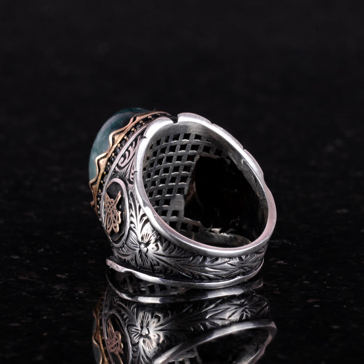 Ottoman Tugra Silver Ring with Natural Cabochon Emerald Stone 925 Sterling Silver Men's Ring — 6