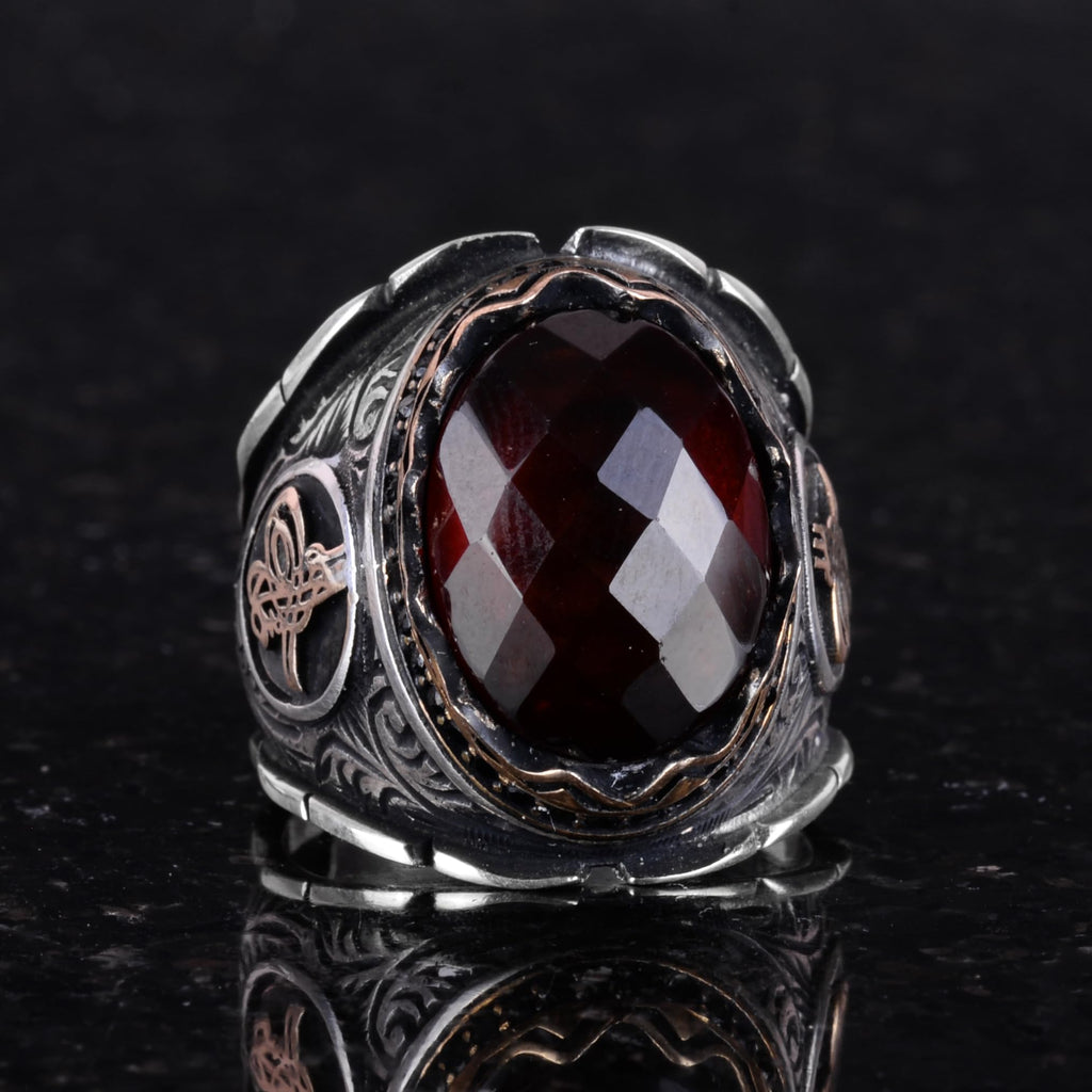 Natural Garnet Stone Ring, 925 Sterling Silver, Ottoman Tughra Ring — 3