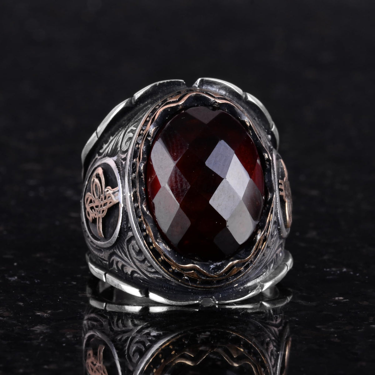 Natural Garnet Stone Ring, 925 Sterling Silver, Ottoman Tughra Ring — 3