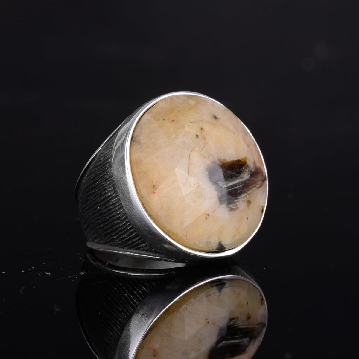 KAMBO 925 Sterling Silver Natural Stone Large Men's Ring – Handmade Round Shape Statement Silver Jewelry (Yellow Sapphire) — 6