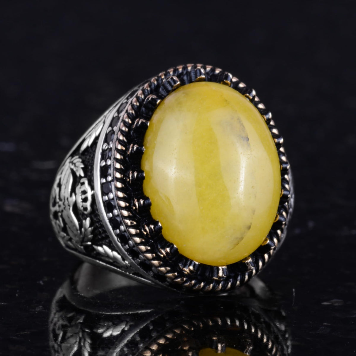 Natural Amber Stone Handmade Hawk Ring - 925 Sterling Silver — 5