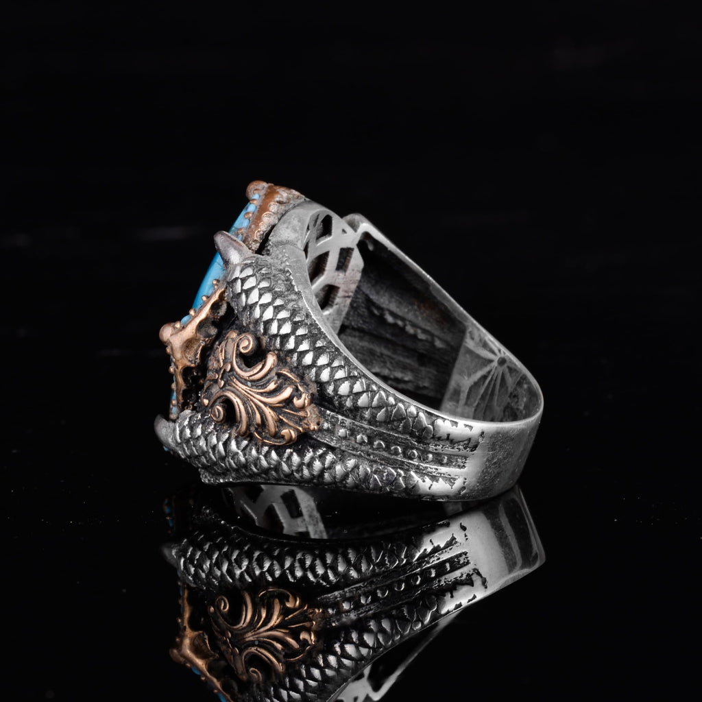 KAMBO Raw Turquoise Oval Stone Claw Setting – Bronze Detailed Silver Artisan Men's Statement Accessory (B) — 7
