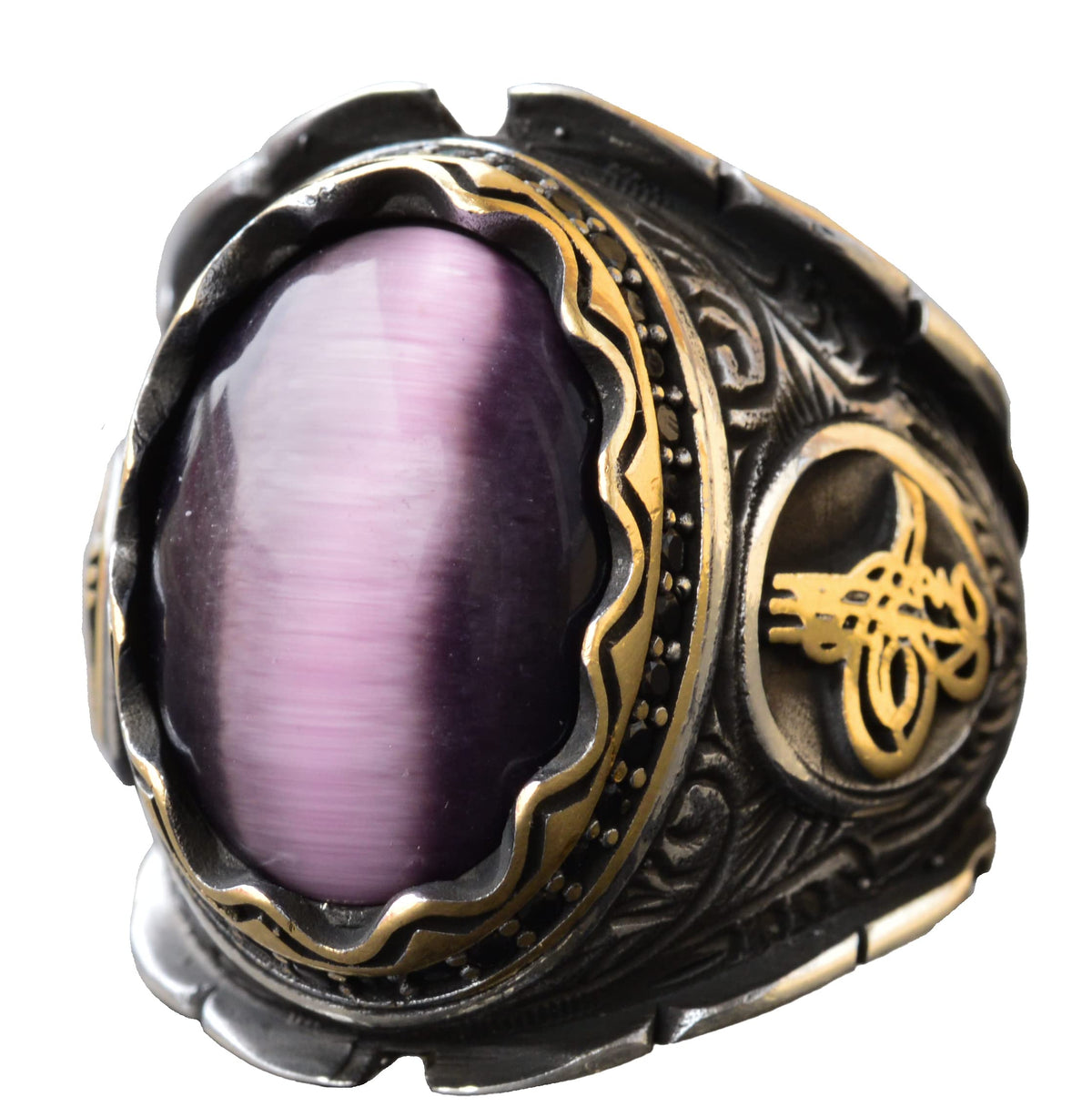 Natural Cat's Eye Amethyst Stone Ottoman Men's Ring - 925 Sterling Silver