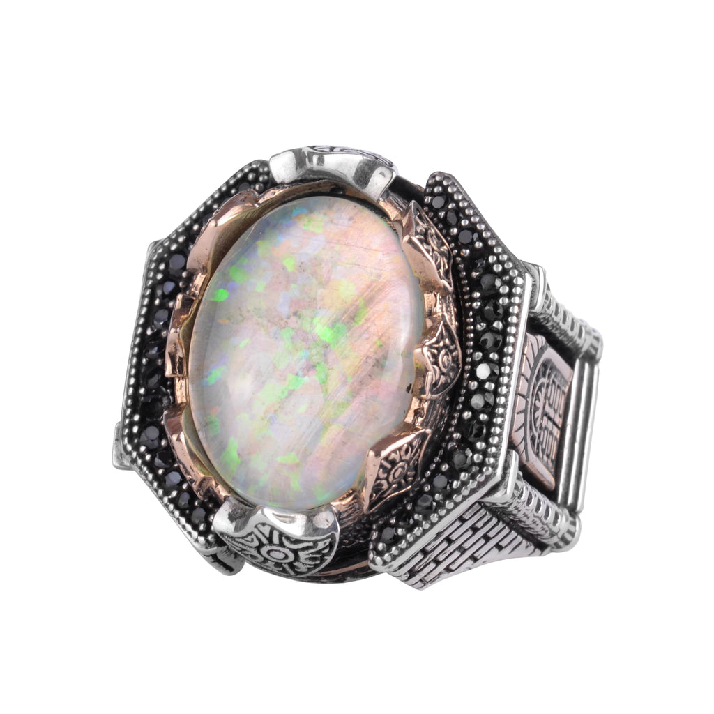 Certified Natural Opal Stone Large Men's Ring 925 Sterling Silver – Black Detail and Bronze Accent Handmade Statement Ring