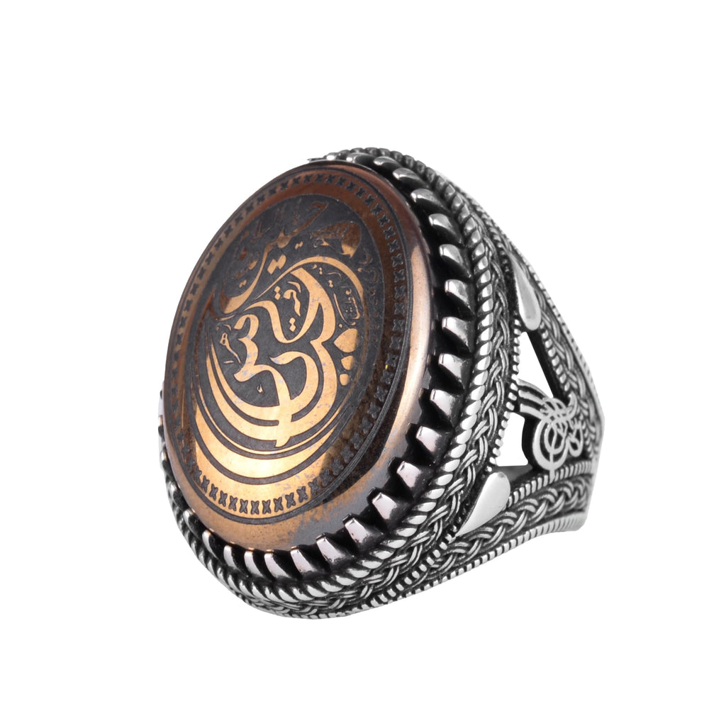 KAMBO Men's Natural Hematite Stone Ring – 925 Sterling Silver Ya Ali Arabic Calligraphy Ring – Ottoman Style Statement Ring