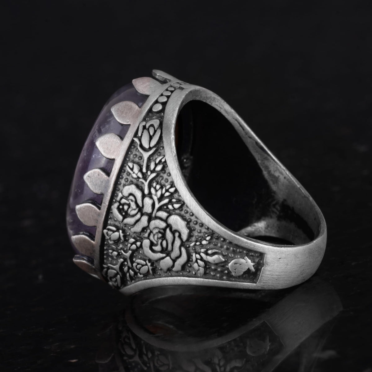 Natural Amethyst Stone Ring - Rose Pattern 925 Sterling Silver Ring — 7