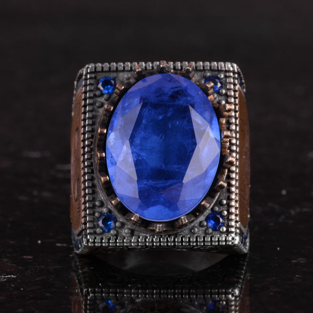 925 Sterling Silver Islamic Ring, Artificial Stone Ring, Handcrafted Calligraphy Ring (Dark Blue Paraiba) — 4