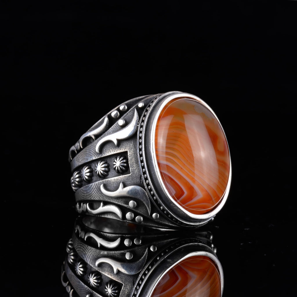KAMBO Men's Natural Agate Ring – 925 Sterling Silver Flower Pattern Ring – Men's Handmade Vintage Style Statement Ring (Agate-8) — 5