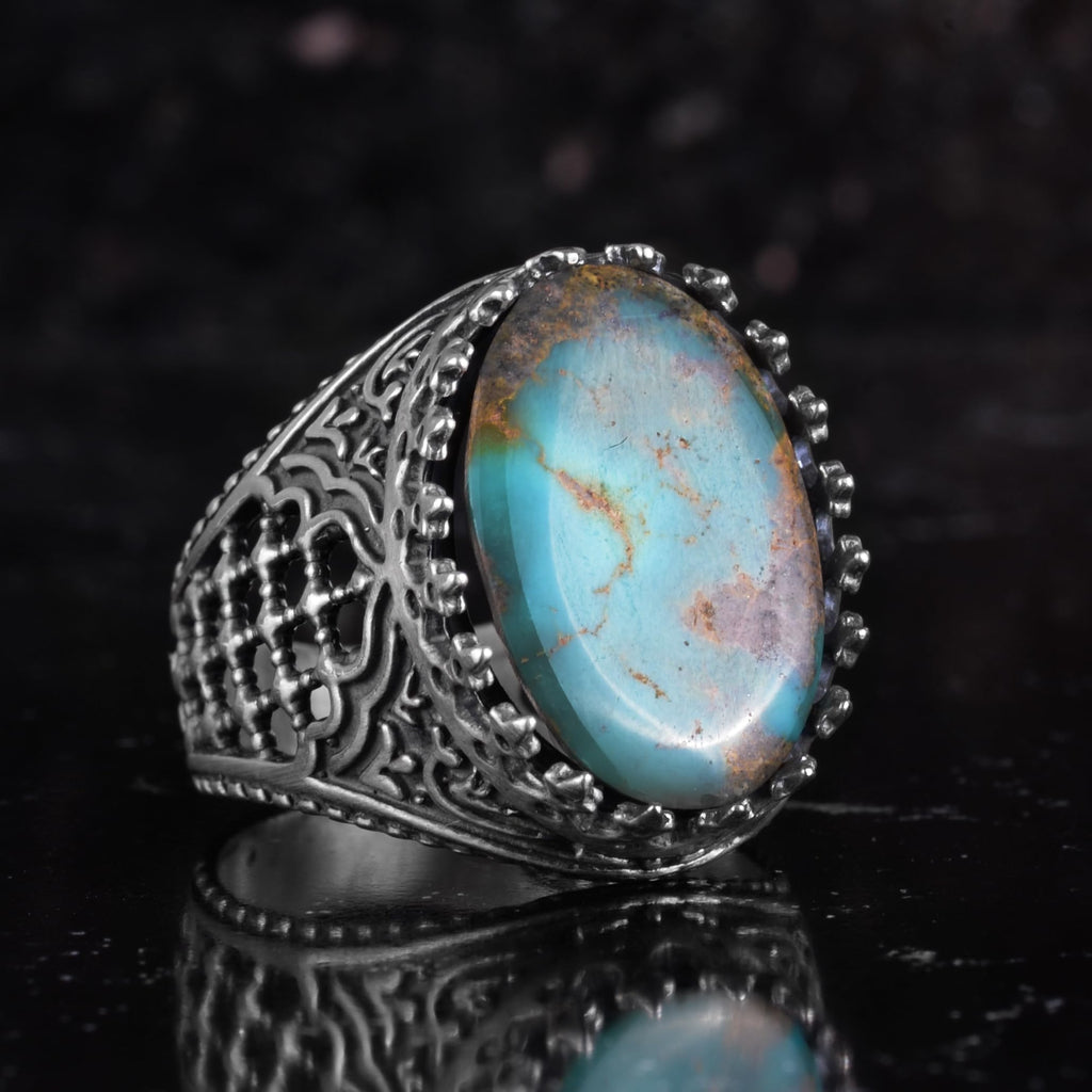 KAMBO Natural Turquoise Stone Men's Ring 925 Sterling Silver Spider Web Pattern Oval Cabochon Vintage Handmade Statement Ring (Turquoise-5) — 6