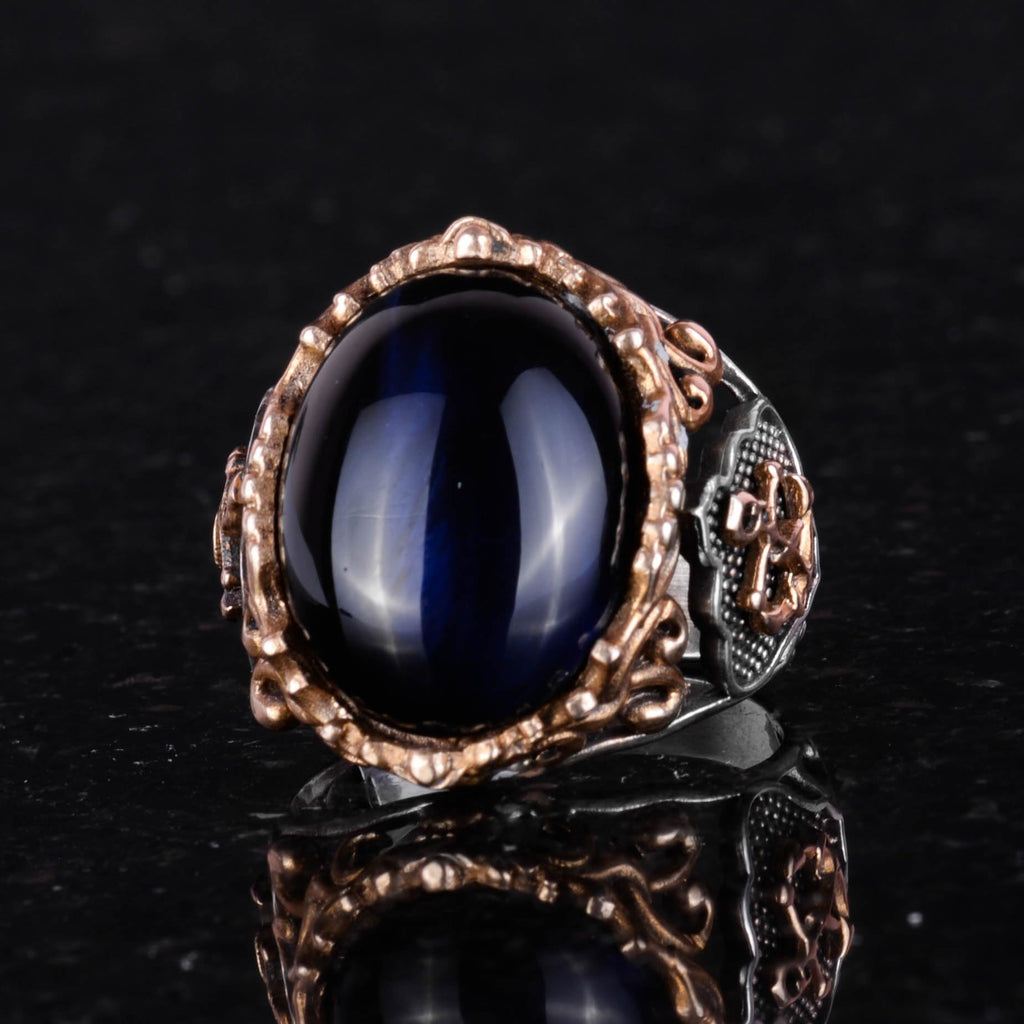 Nautical Anchor Dark Blue Cat's Eye Synthetic Stone Ring, 925 Sterling Silver — 6