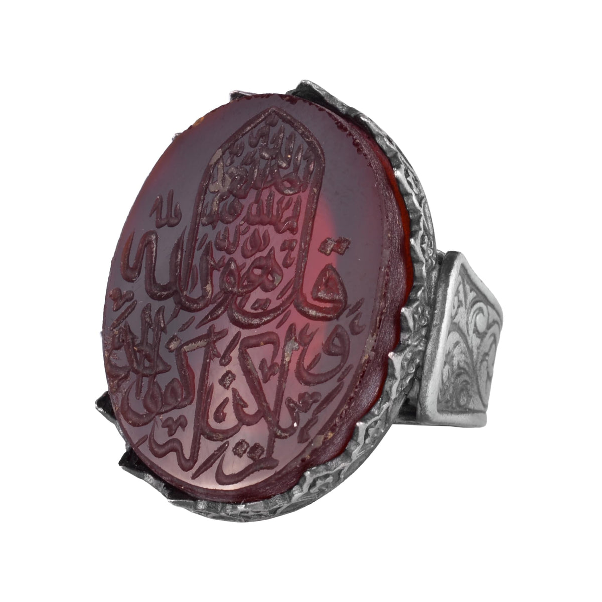 KAMBO 925 Sterling Silver Natural Agate Stone Large Men's Ring – Handmade Islamic Calligraphy Design