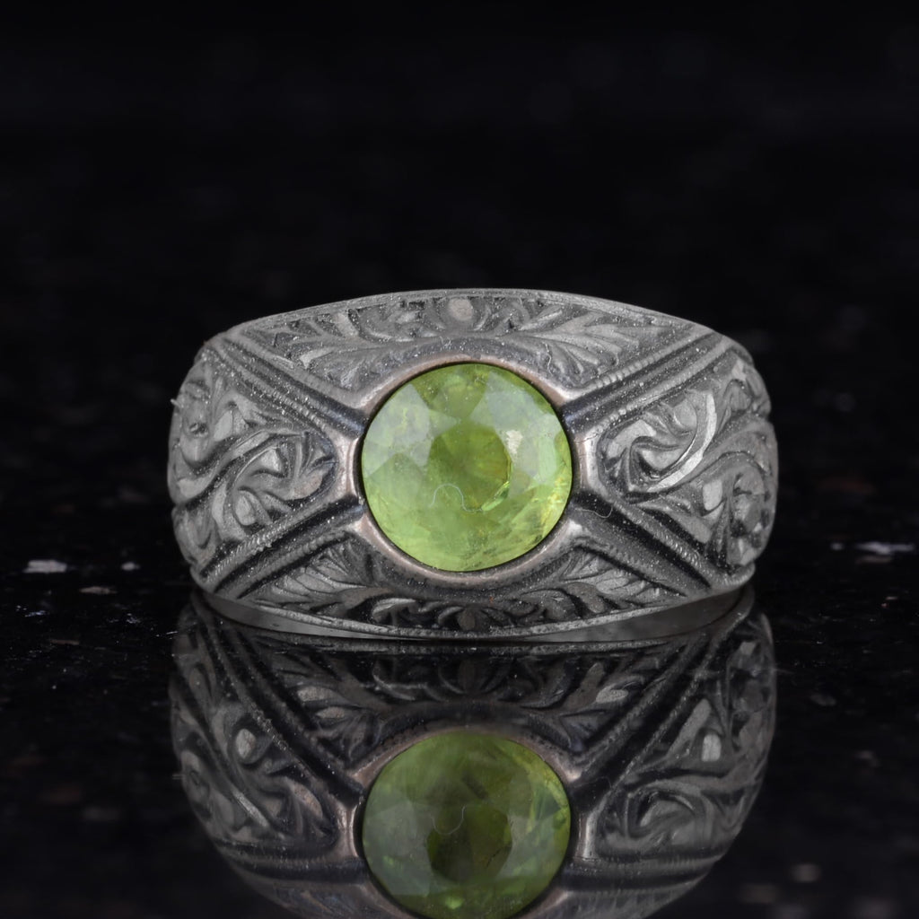 KAMBO Genuine Natural Peridot Stone Men's Ring, Vintage Design Silver Ring — 4