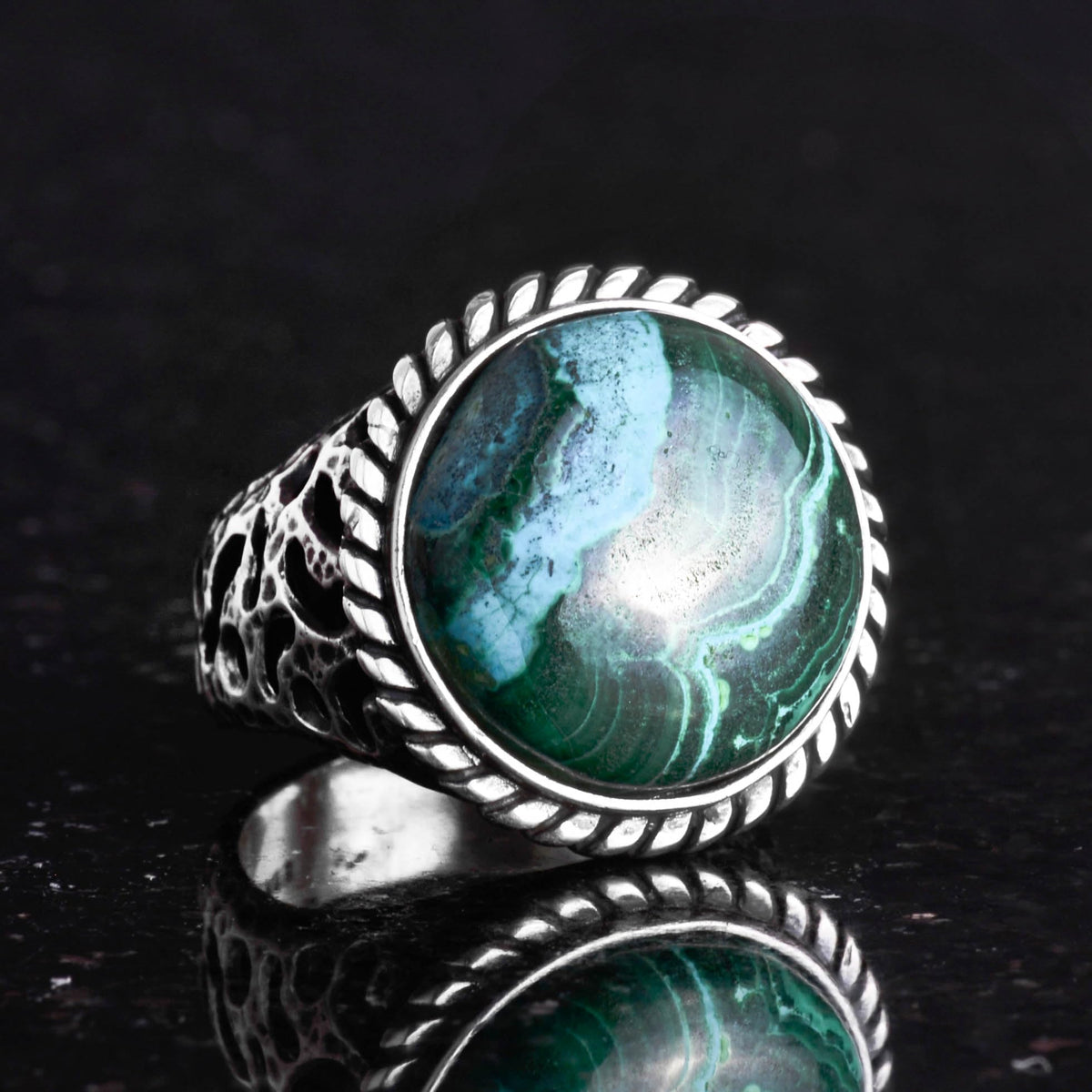 Natural Stone Ring - Chrysocolla with 925 Sterling Silver Men's Ring — 3