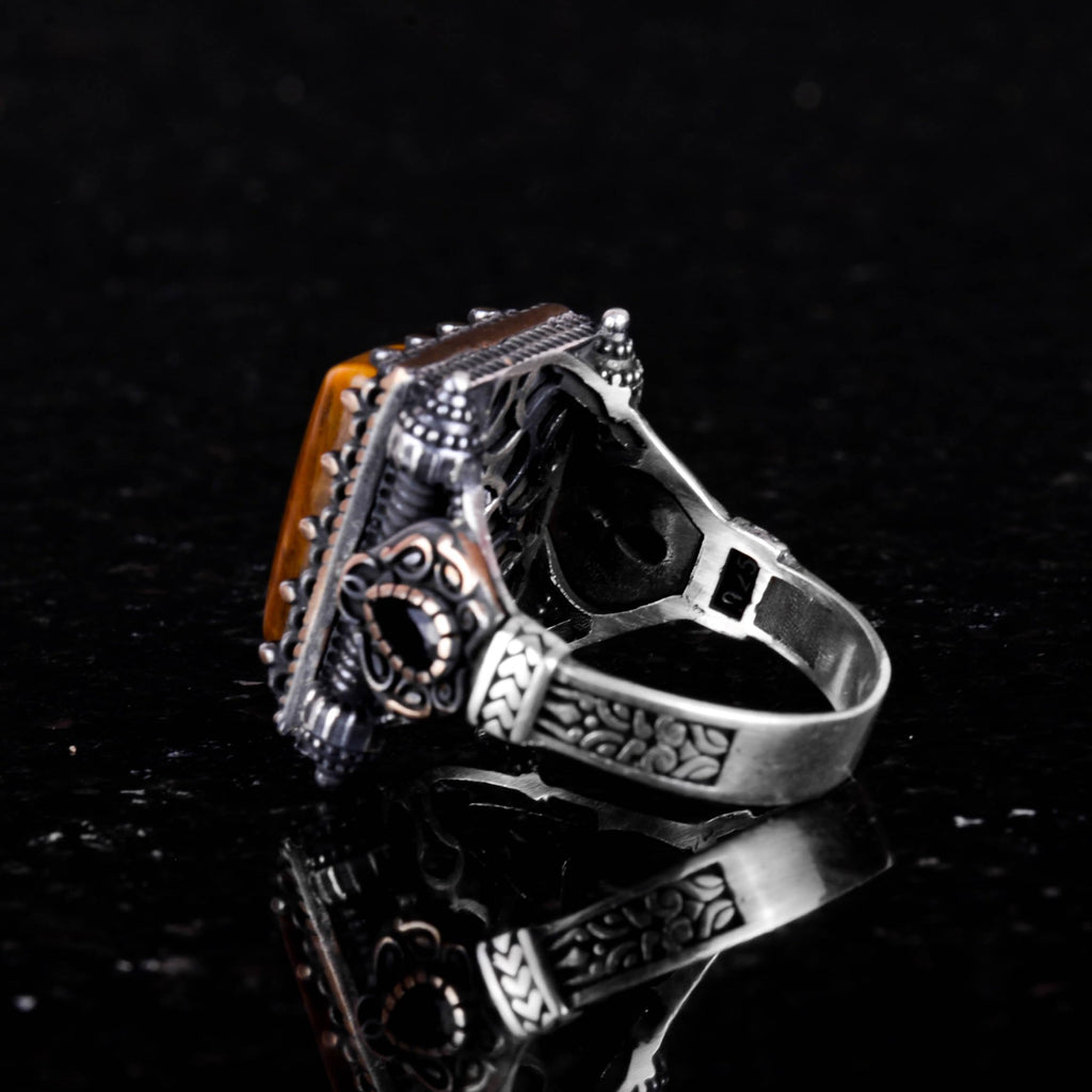Natural Stone Ring - Tiger Eye with 925 Sterling Silver Men's Ring — 6