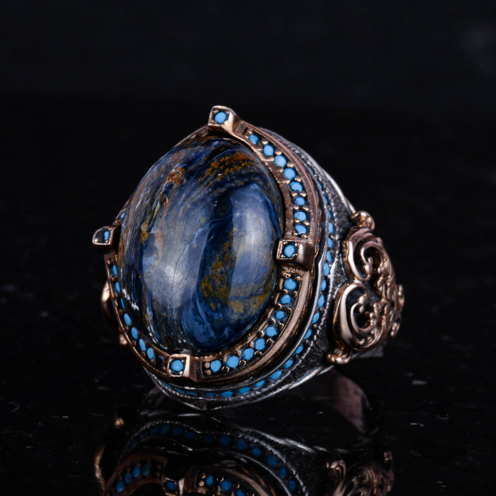 925 Sterling Silver Ring, Handmade Men's Ring with Natural Pietersite Stone, Vintage Design — 6