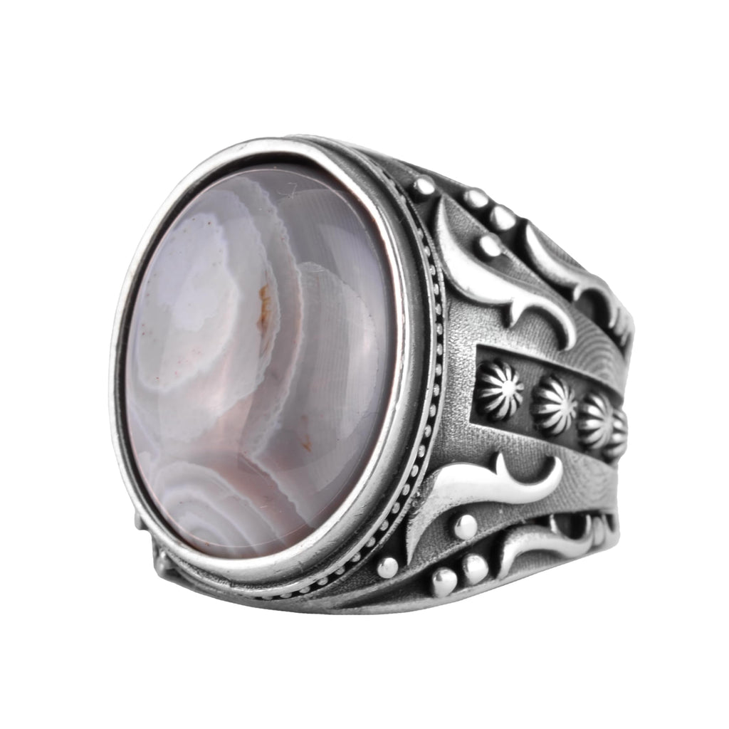 KAMBO Men's Natural Agate Ring – 925 Sterling Silver Flower Pattern Ring – Men's Handmade Vintage Style Statement Ring (Agate-6)