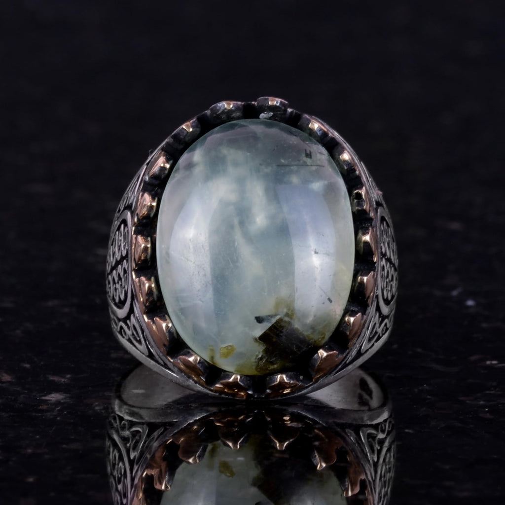 925 Sterling Silver Men's Ring - Natural Prehnite Stone with Handcrafted Elegance — 2