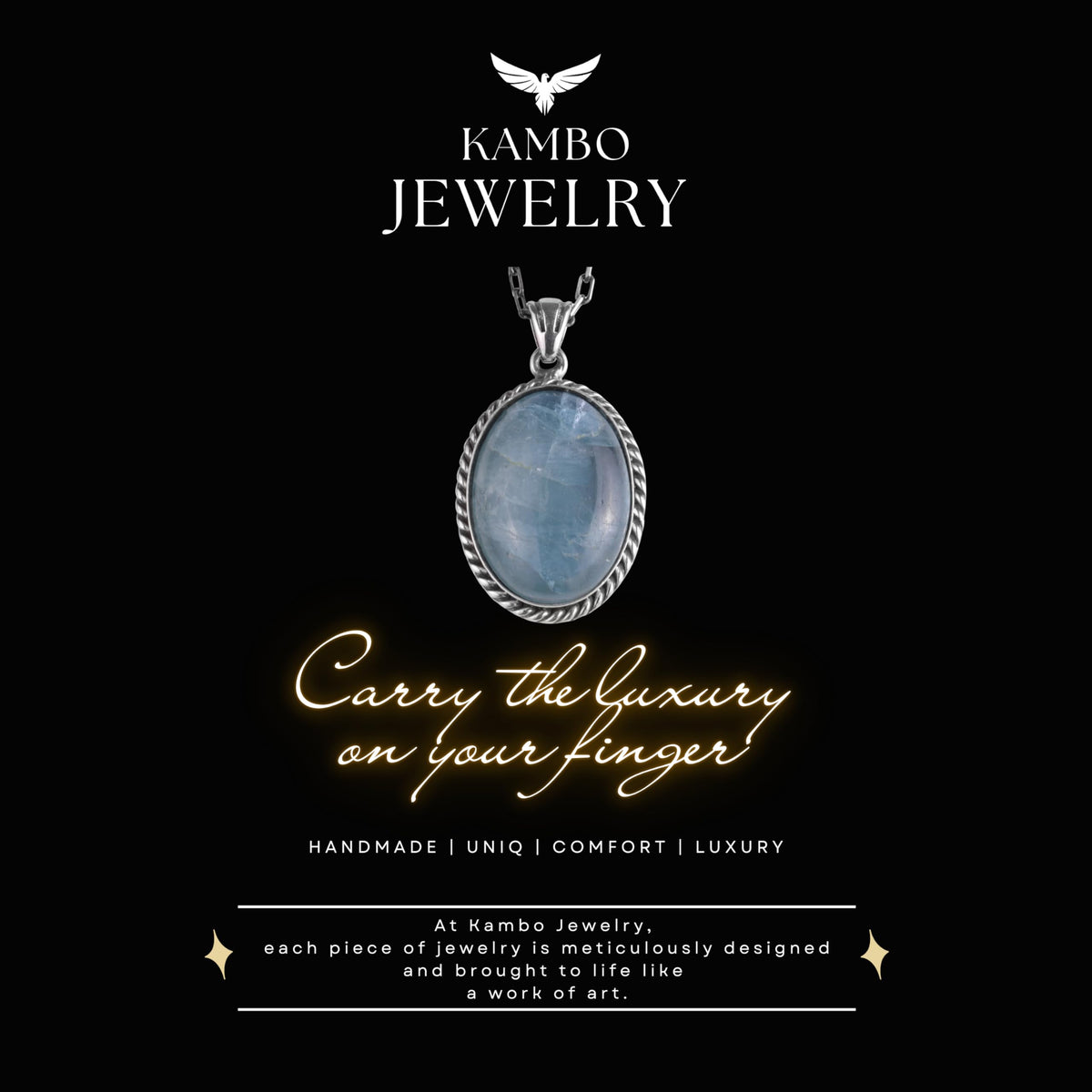 KAMBO Natural Stone Chain Unisex Necklace 925 Sterling Silver – Handmade Oval Description Necklace (Aquamarine) — 6