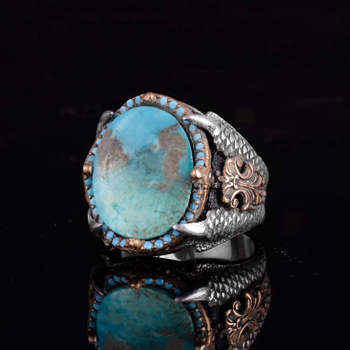 KAMBO Raw Turquoise Oval Stone Claw Setting – Bronze Detailed Silver Artisan Men's Statement Accessory (D) — 6