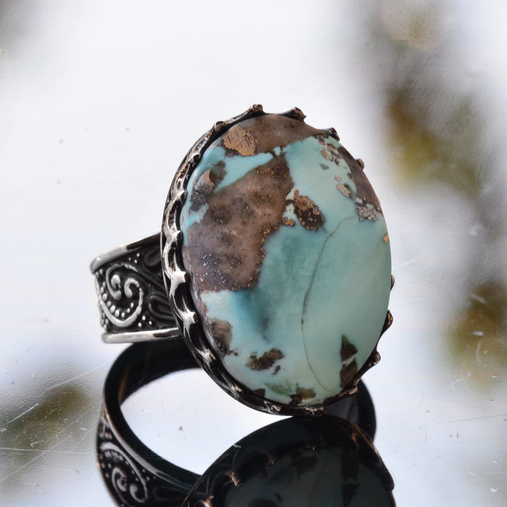Kambo Real Natural Arizona Turquoise Stone Large Men's Ring - Handcrafted, 925 Sterling Silver — 5