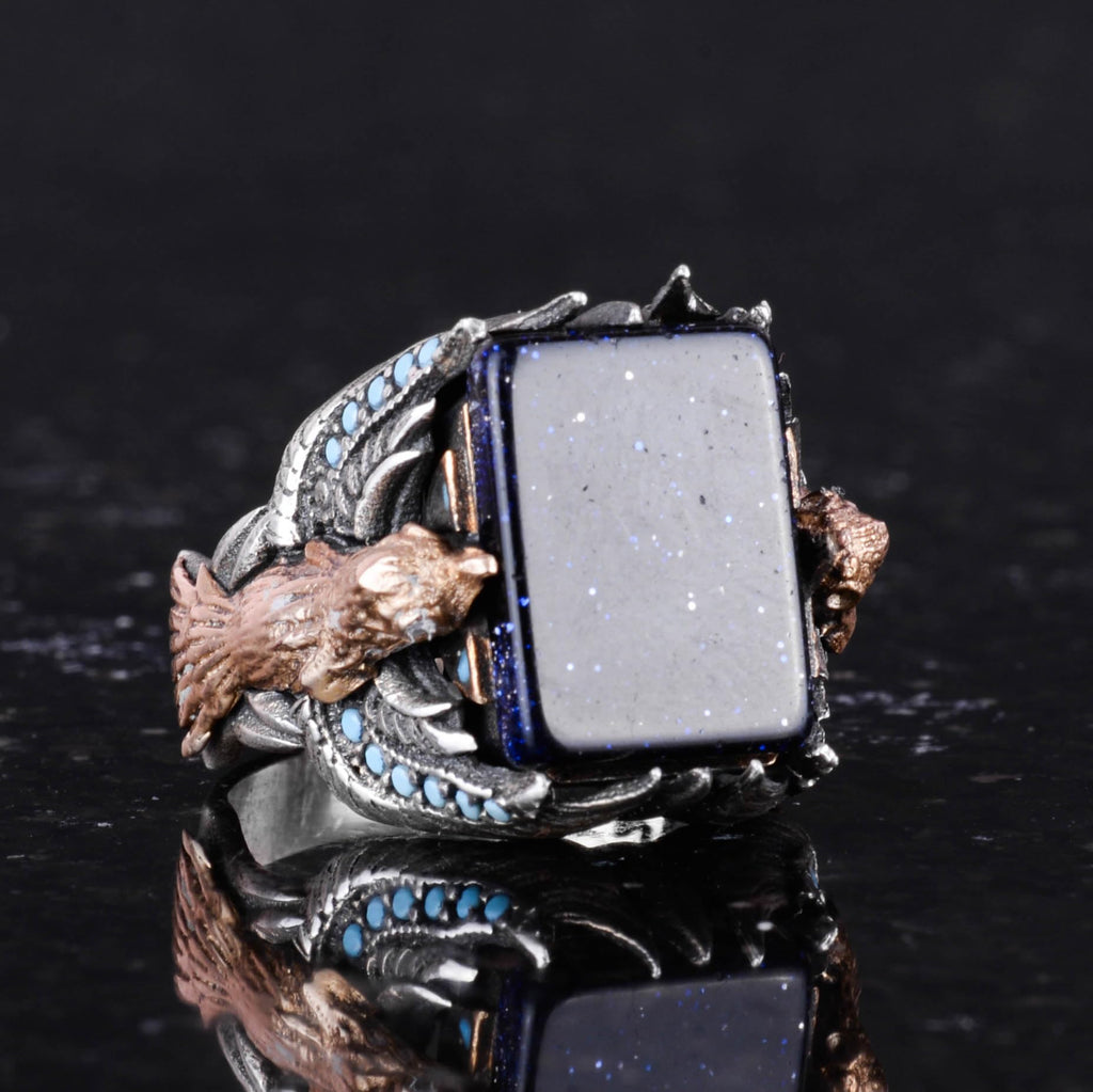 Handmade 925 Sterling Silver Men's Ring - Magnificent Eagle Design, Sunstone — 5