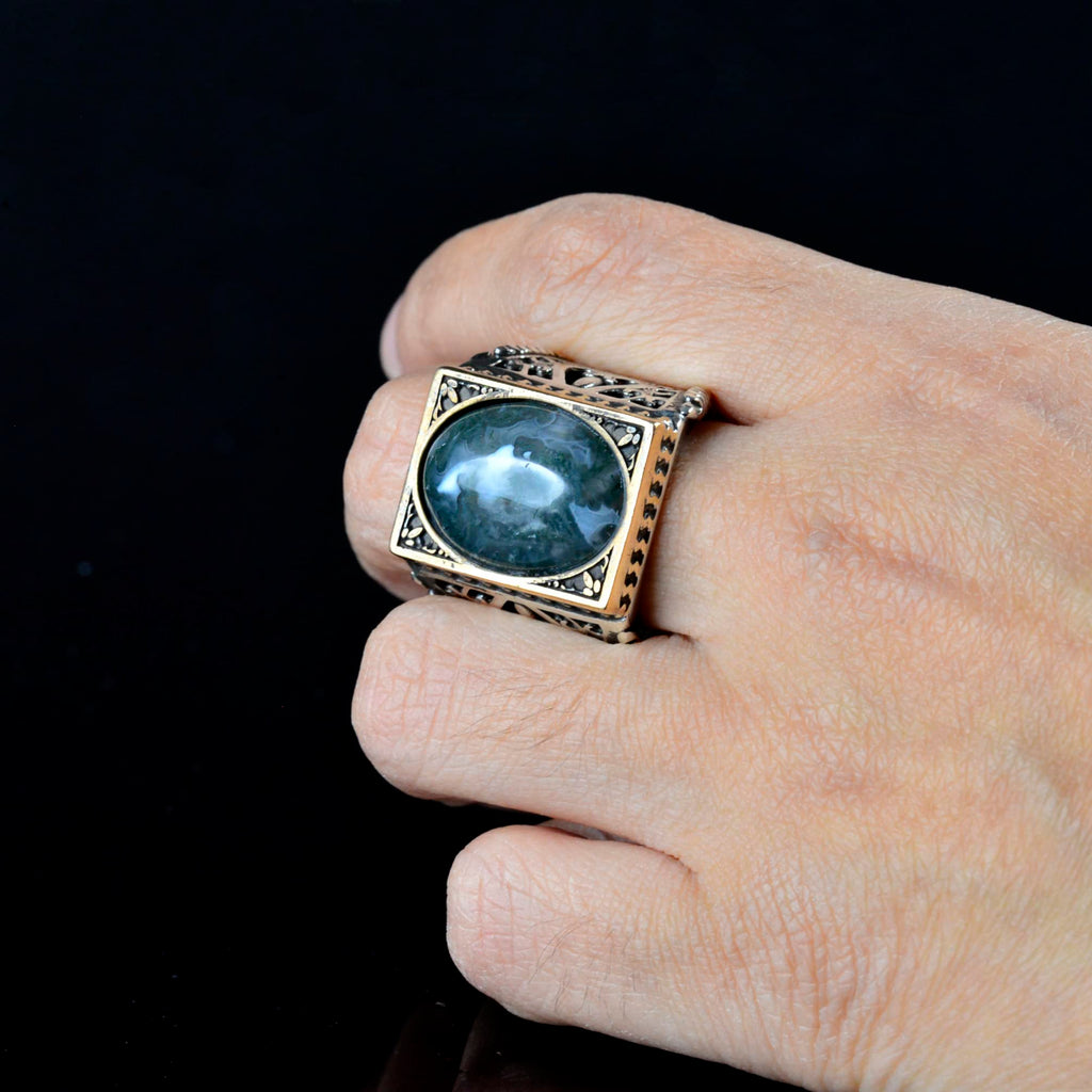 925 Sterling Silver Vintage Design Men's Ring, Natural Mossy Agate Stone — 6