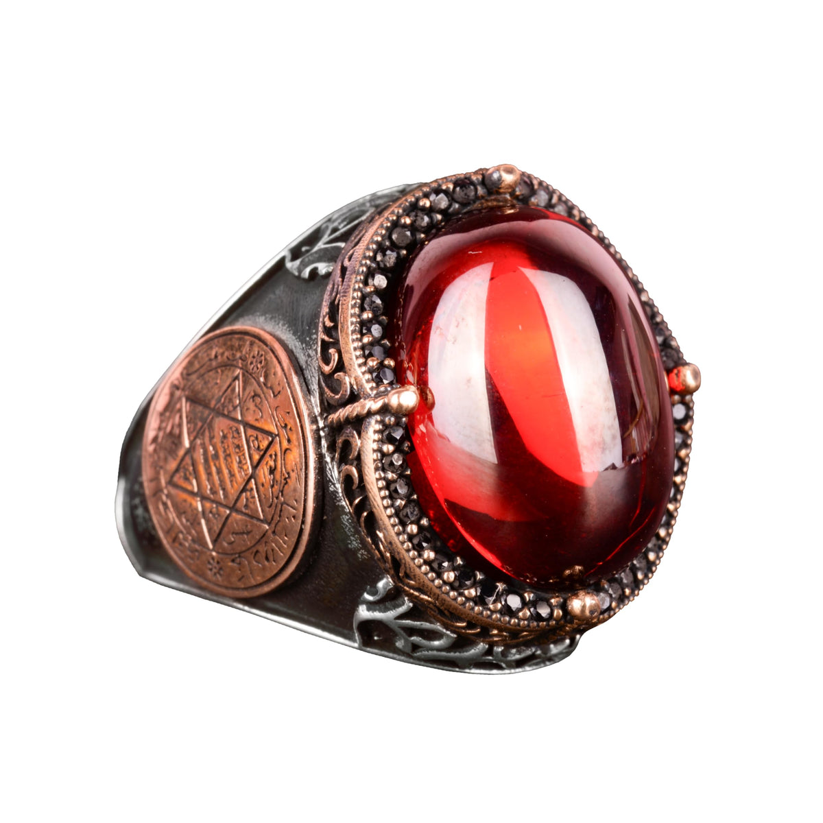 Kambo Star of David 925 Sterling Silver Solomon Ring – Cabochon Synthetic Garnet Stone