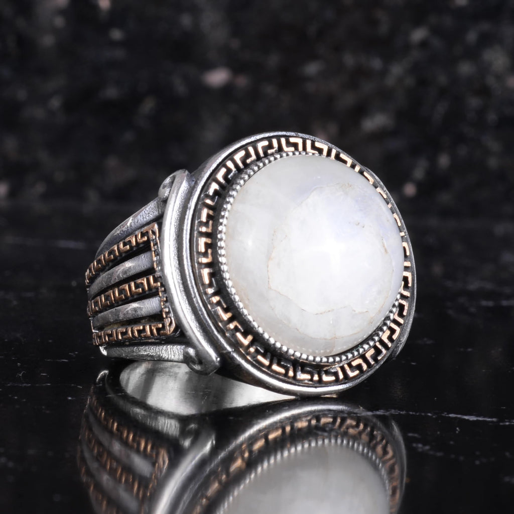 KAMBO Stone Round Men's Ring 925 Sterling Silver – Cabochon Handmade Vintage Greek Pattern Statement Ring (Moonstone) — 6