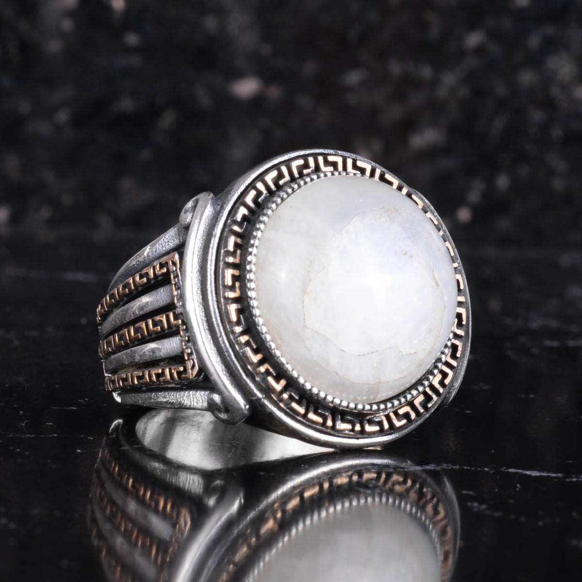 KAMBO Stone Round Men's Ring 925 Sterling Silver – Cabochon Handmade Vintage Greek Pattern Statement Ring (Moonstone) — 6