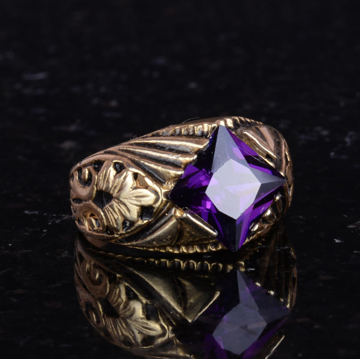 KAMBO Handmade 925 Sterling Silver Ring with Created Amethyst Stone, Modern Unisex Design, Gold Plated Finish, Elegant S