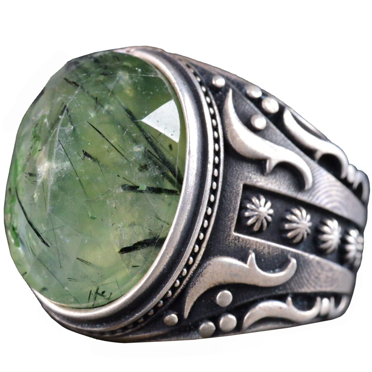925 Sterling Silver Men's Ring – Natural Prehnite Stone, Detailed Carving Design
