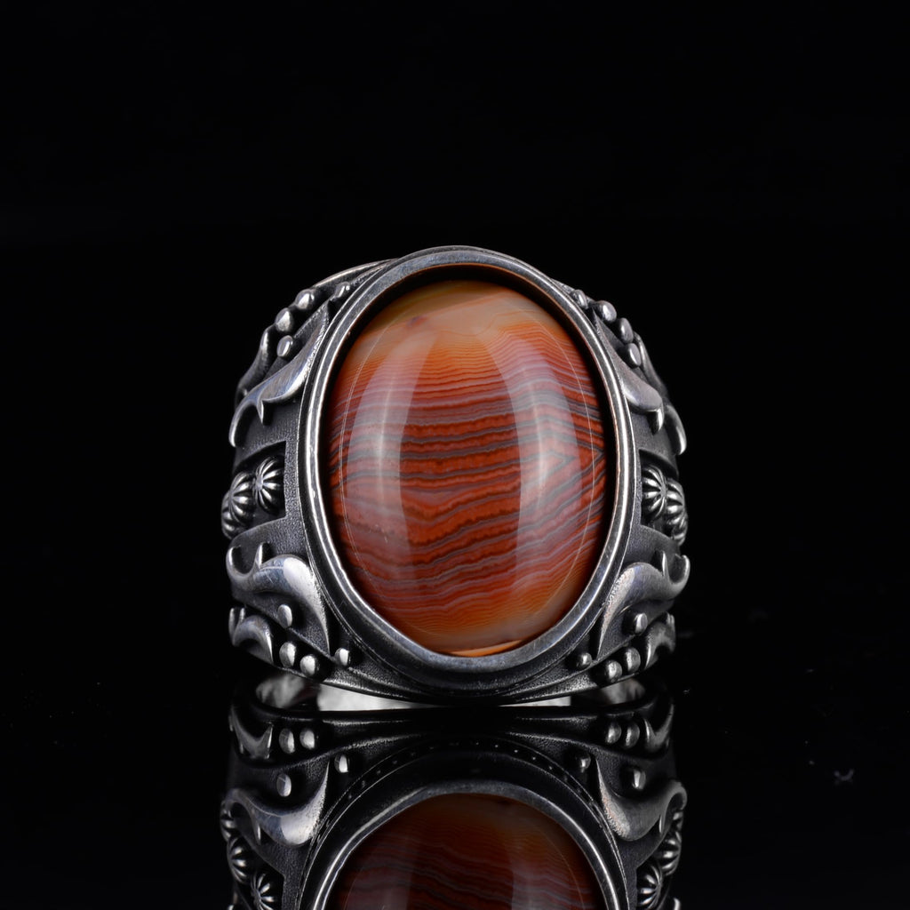 KAMBO Men's Natural Agate Ring – 925 Sterling Silver Flower Pattern Ring – Handmade Vintage Style Men's Statement Ring (Agate-12) — 4