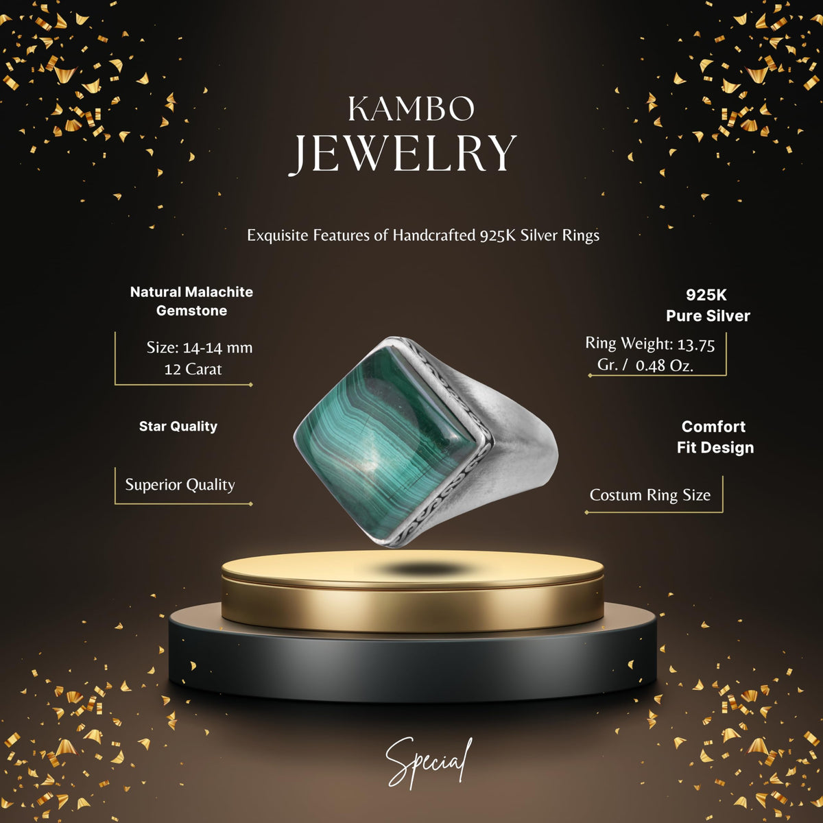 KAMBO Natural Stone Men's Ring 925 Sterling Silver – Square Cut Stone Handmade Minimalist Statement Ring (Malachite) — 2