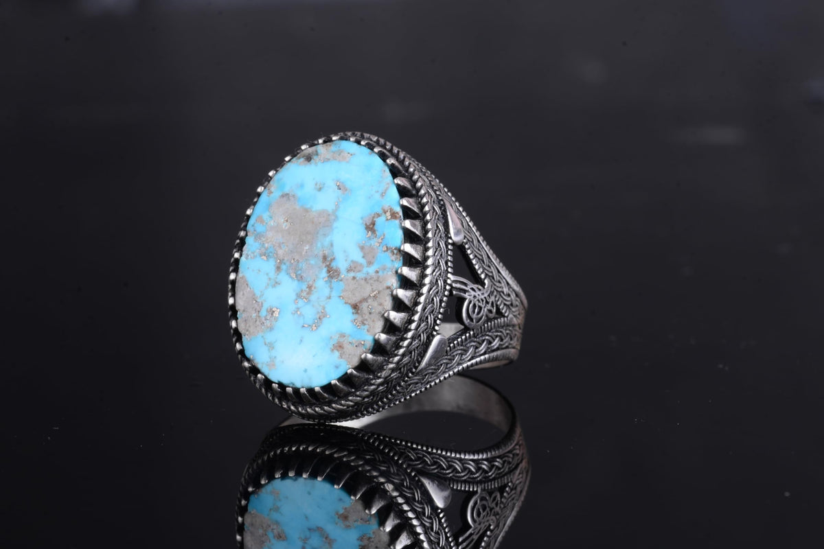 KAMBO Ottoman Tugra Design Natural Turquoise Stone Ring - 925 Sterling Silver Handmade Men's Ring (Style-6) — 5