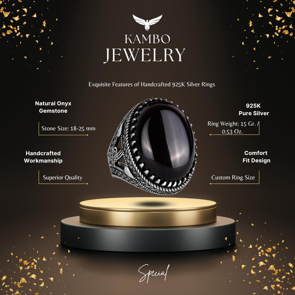 Handmade Natural Stone Ring, 925 Sterling Silver Men's Ottoman Tughra Ring – Magnificent Design (Obsidian) — 2