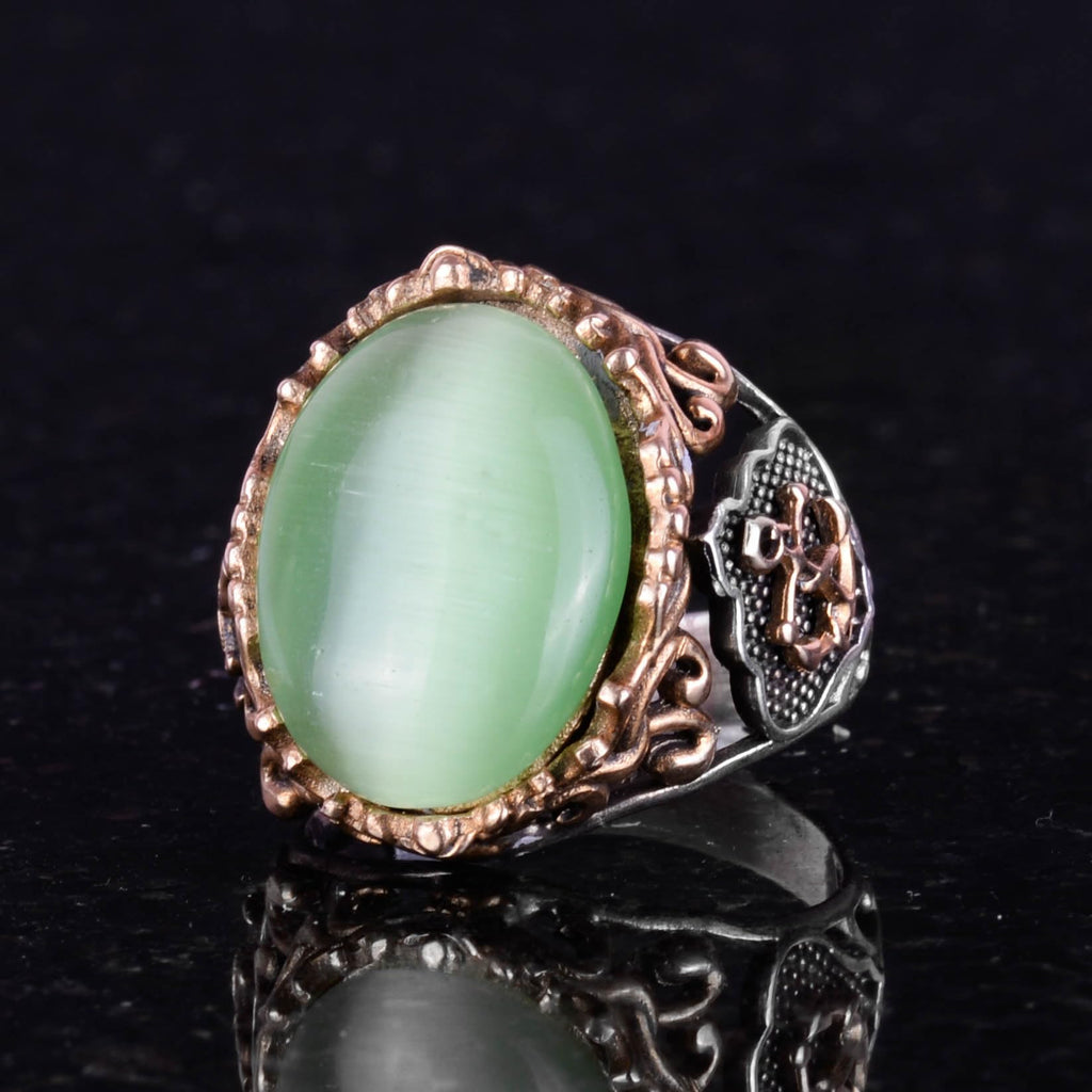 Light Green Cat's Eye Stone Ring, Nautical Anchor Silver Ring, 925 Sterling Silver - Various Collection — 3