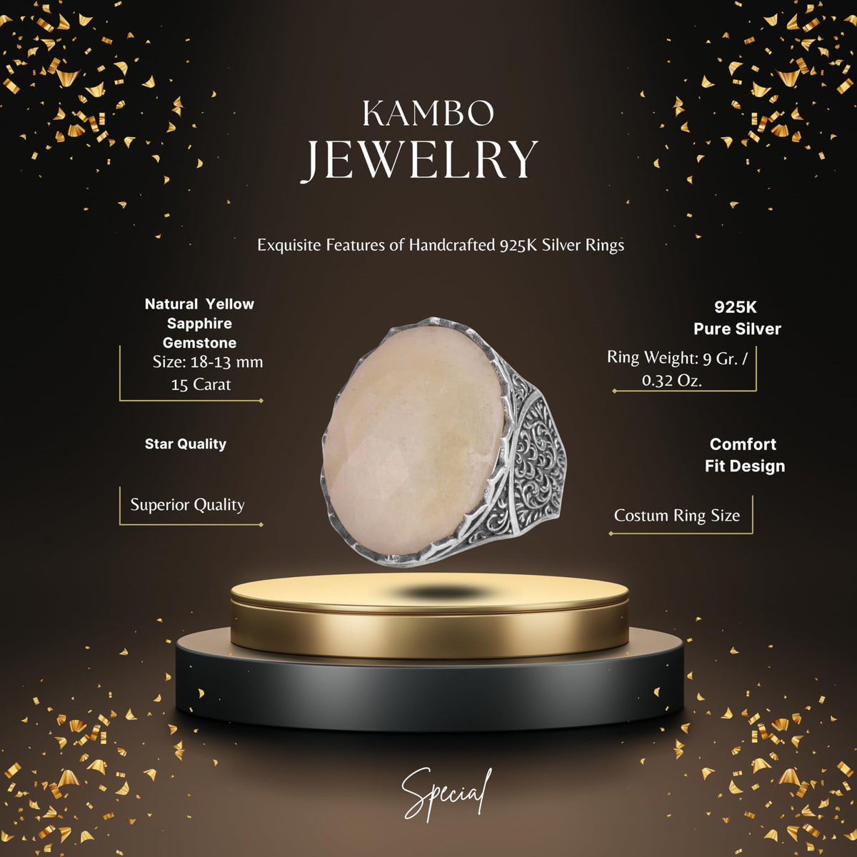 KAMBO Yellow Sapphire Stone Men's Ring 925 Sterling Silver – Oval Cabochon Handmade Vintage Statement Ring — 2