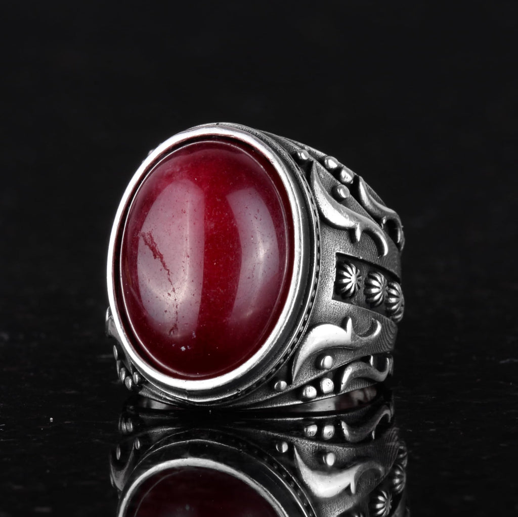 KAMBO 925 Sterling Silver Ring, Natural Cabochon Ruby Gemstone Ring — 5