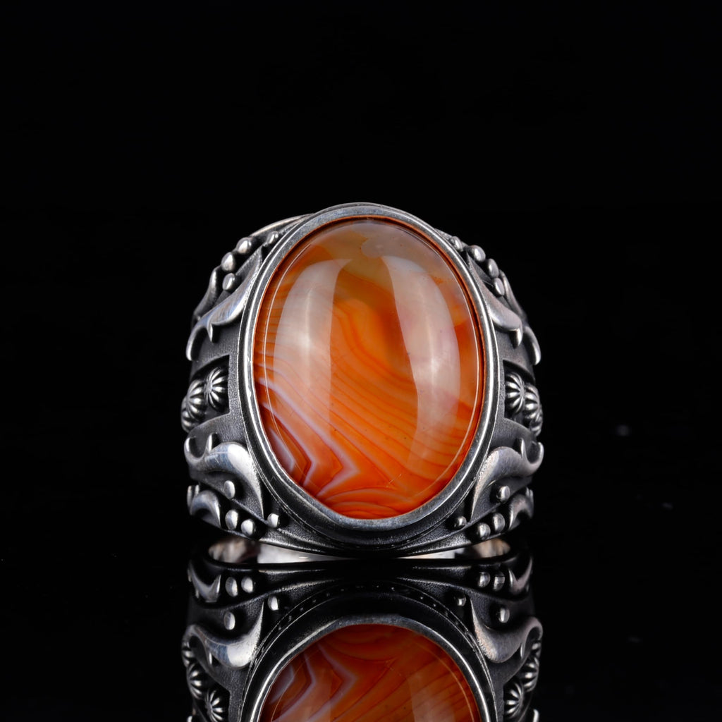 KAMBO Men's Natural Agate Ring – 925 Sterling Silver Flower Pattern Ring – Men's Handmade Vintage Style Statement Ring (Agate-8) — 4