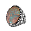 KAMBO Natural Turquoise Stone Large Men's Ring 925 Sterling Silver Oval Cabochon Ottoman Tugra Engraved Handmade Statement Ring (Turquoise-2)