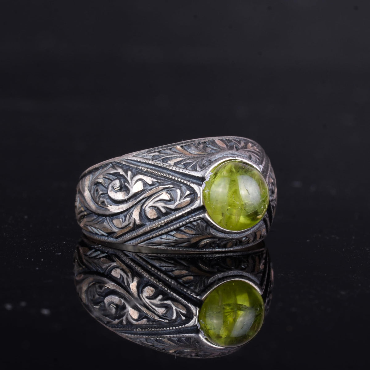 KAMBO Natural Stone Men's Ring – 925 Sterling Silver Minimalist Engraved Band | Handmade Elegant Jewelry (Peridot) — 6