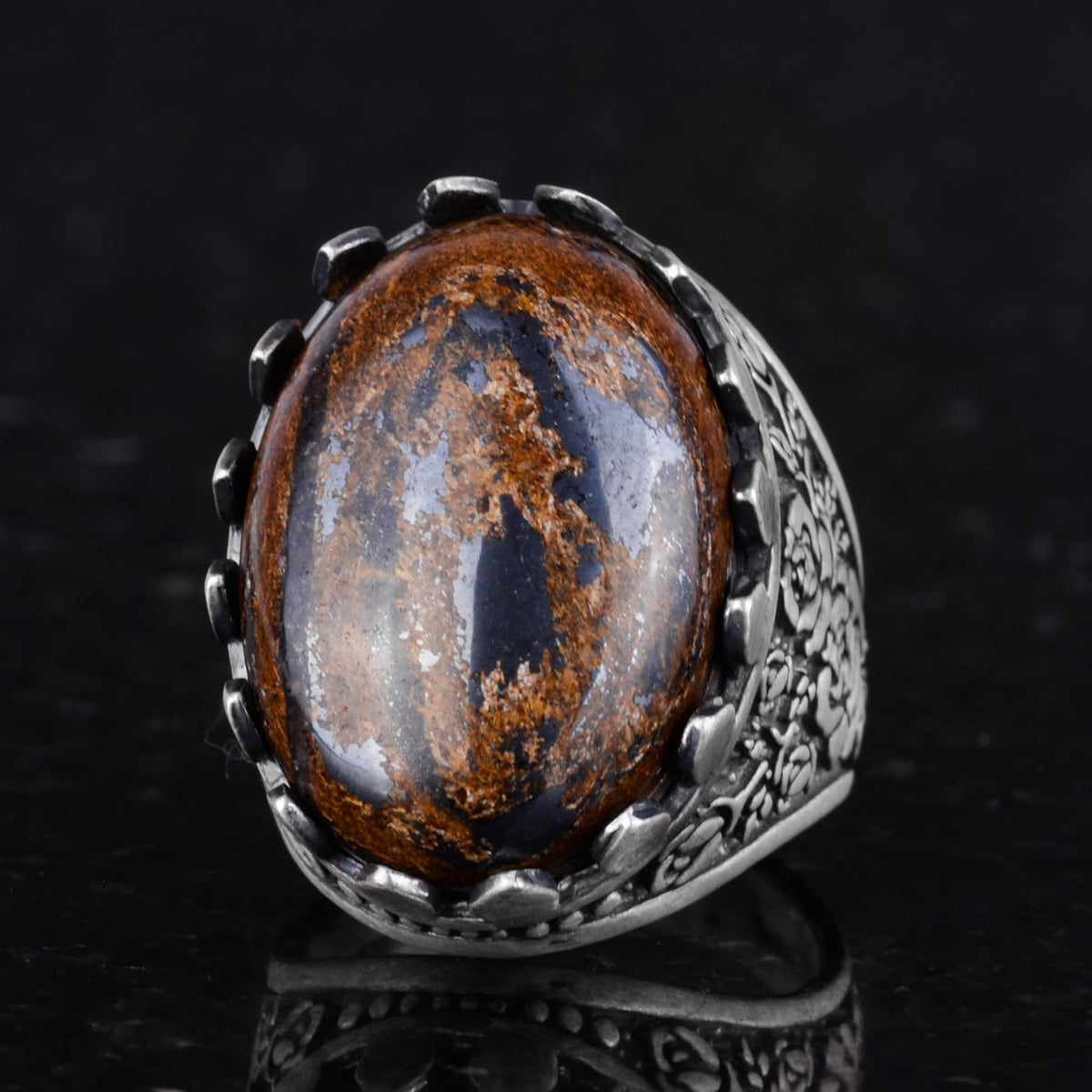 Natural Bronzite Stone Ring - 925 Sterling Silver Handmade Large Ring — 6