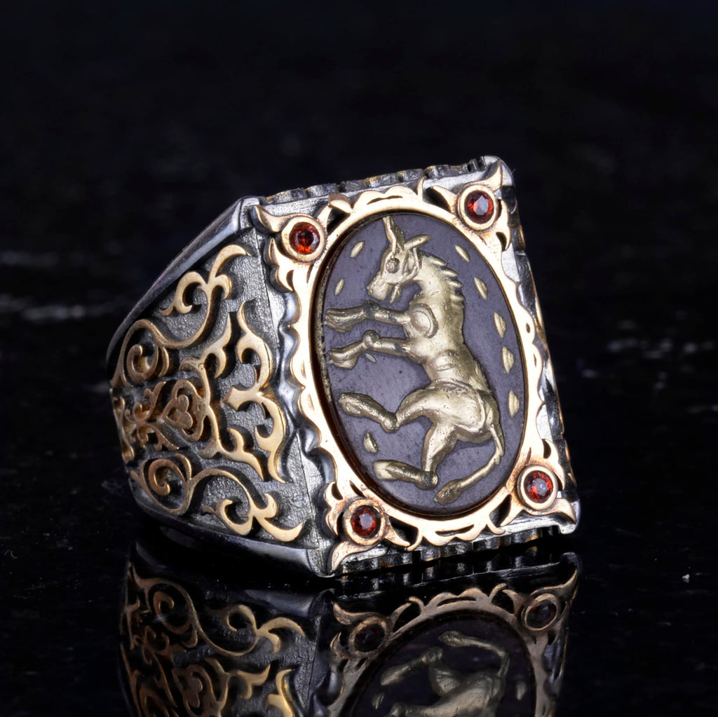 Horse Ring - Natural Agate Stone and 925 Sterling Silver Men's Ring — 5