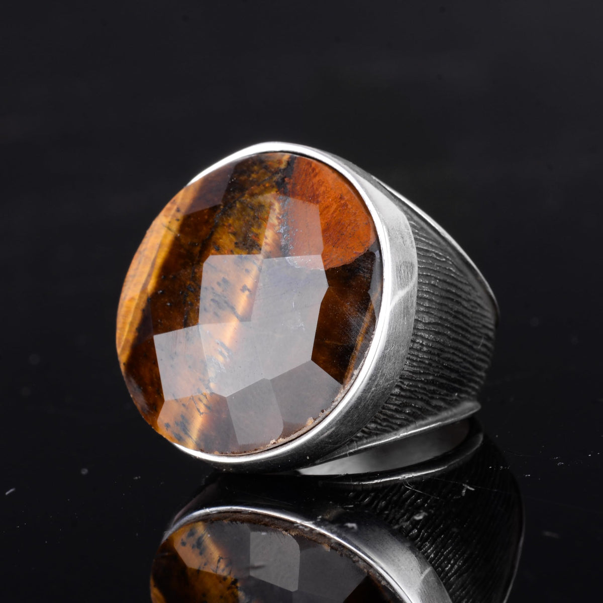 KAMBO 925 Sterling Silver Natural Stone Large Men's Ring – Handmade Round Shape Statement Silver Jewelry (Tiger's Eye) — 5